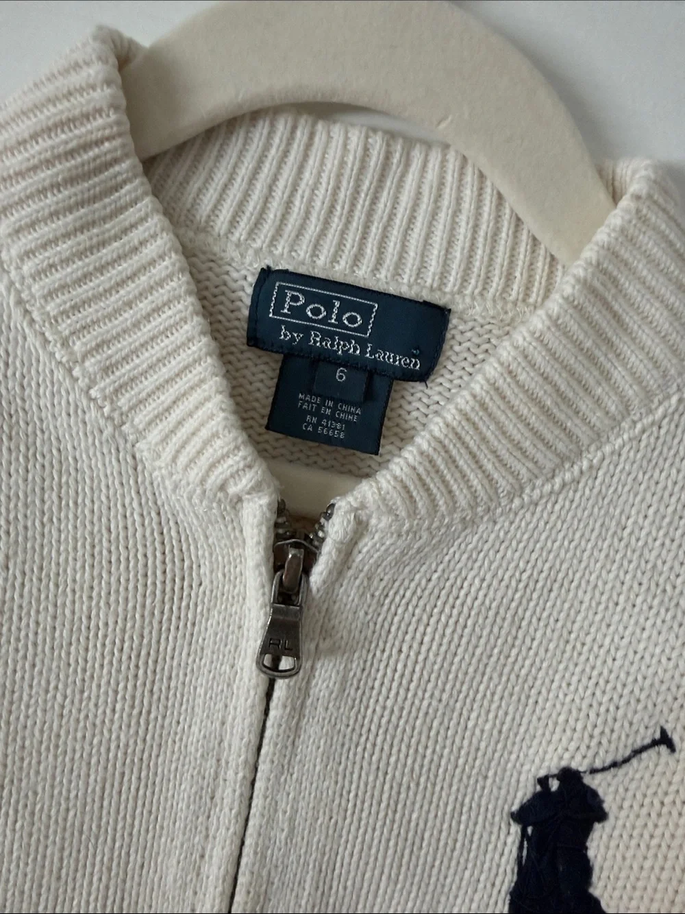 Ralph Lauren Kids Cream Zip Hoodie with Navy Pony and Sleeve Patch